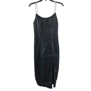 Olia Womens Small Black Faux PU Leather Slip Dress Front Slit NEW